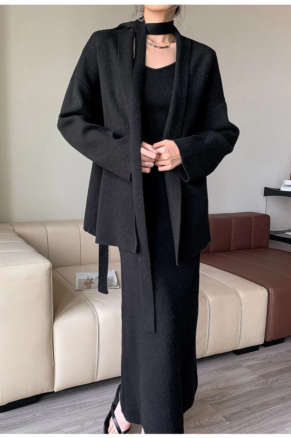 Ribbed High-End Knit Cardigan Tank Wide-Leg Pants Three Piece Set - Image 12