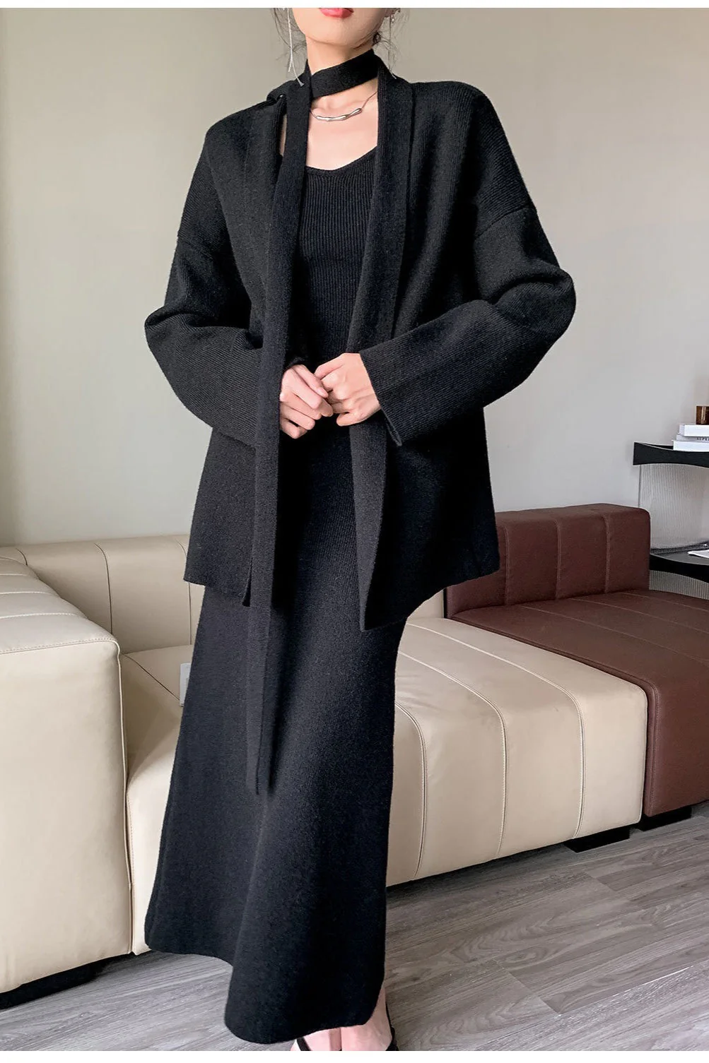 Ribbed High-End Knit Cardigan Tank Wide-Leg Pants Three Piece Set - Image 13
