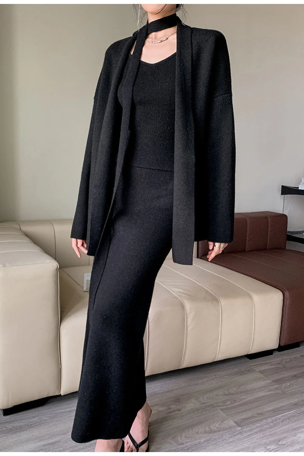 Ribbed High-End Knit Cardigan Tank Wide-Leg Pants Three Piece Set - Image 14