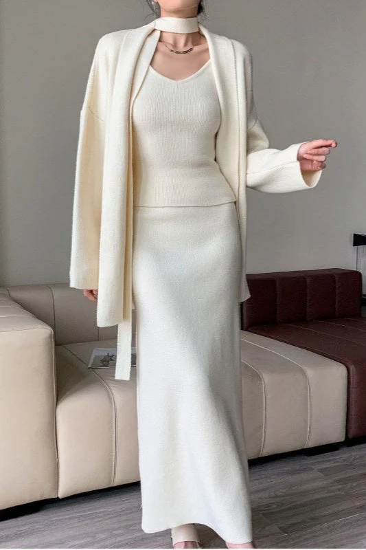 Ribbed High-End Knit Cardigan Tank Wide-Leg Pants Three Piece Set - Image 2