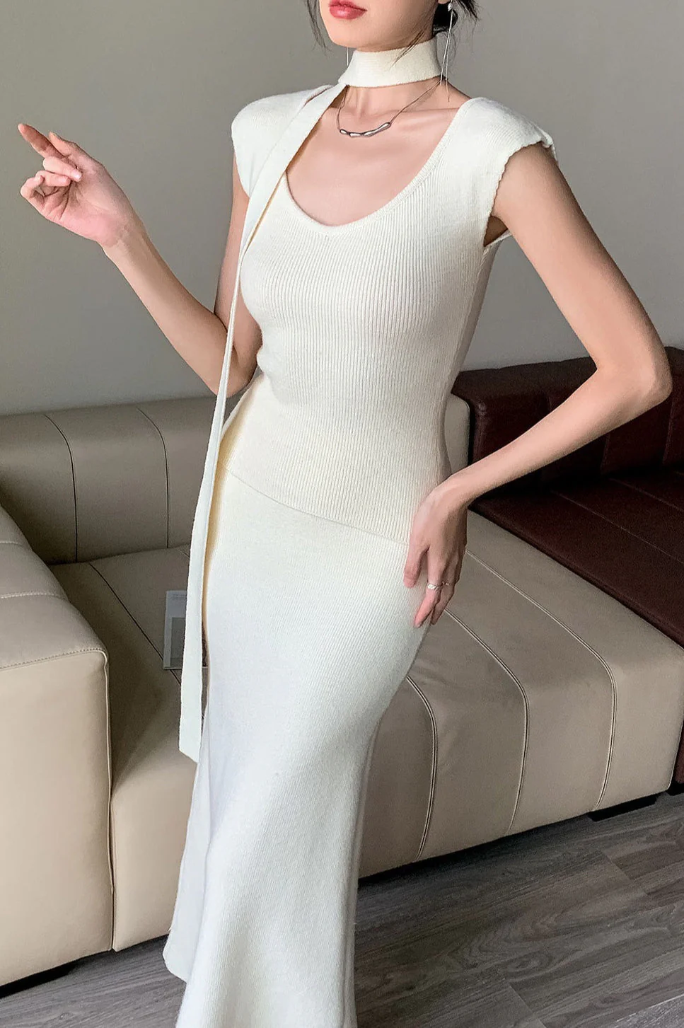 Ribbed High-End Knit Cardigan Tank Wide-Leg Pants Three Piece Set - Image 3