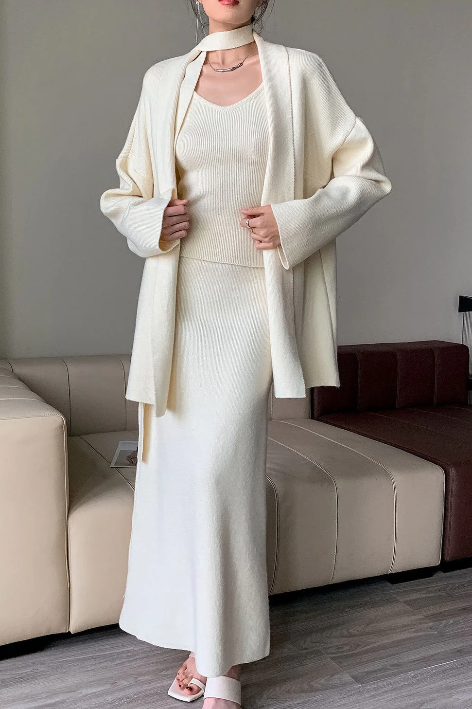 Ribbed High-End Knit Cardigan Tank Wide-Leg Pants Three Piece Set - Image 4