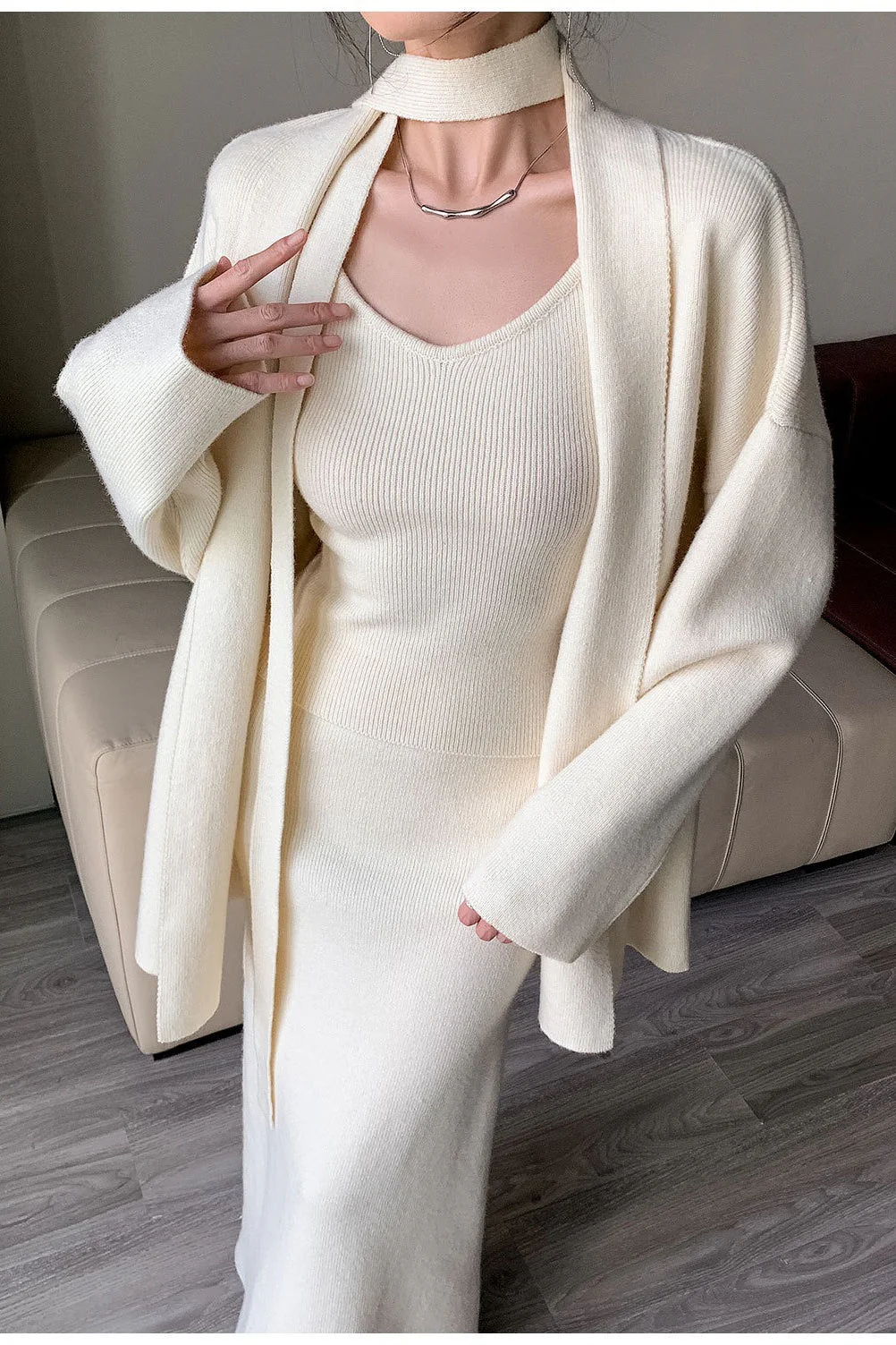 Ribbed High-End Knit Cardigan Tank Wide-Leg Pants Three Piece Set - Image 5