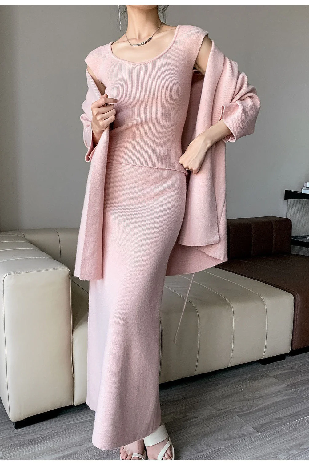 Ribbed High-End Knit Cardigan Tank Wide-Leg Pants Three Piece Set - Image 6