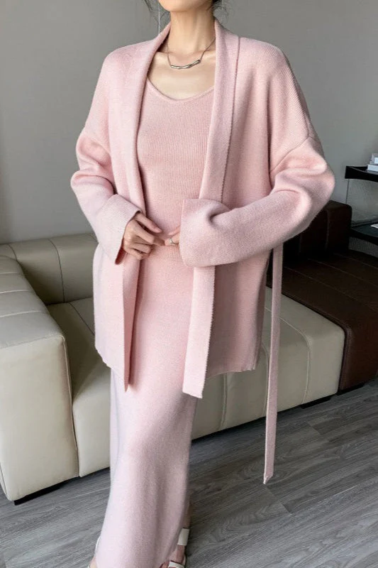 Ribbed High-End Knit Cardigan Tank Wide-Leg Pants Three Piece Set - Image 7