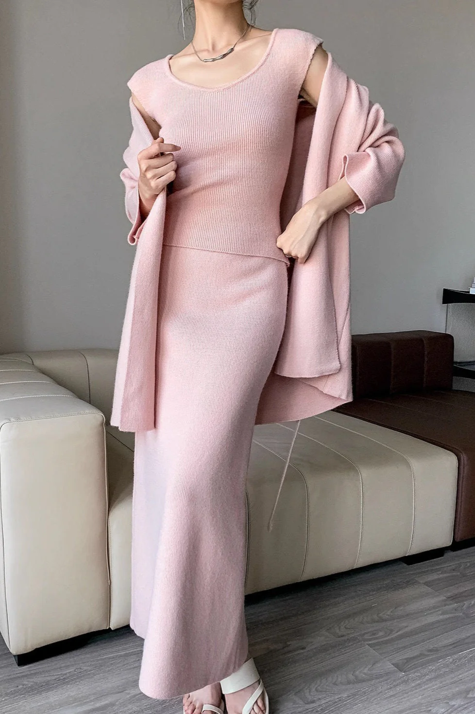 Ribbed High-End Knit Cardigan Tank Wide-Leg Pants Three Piece Set - Image 9