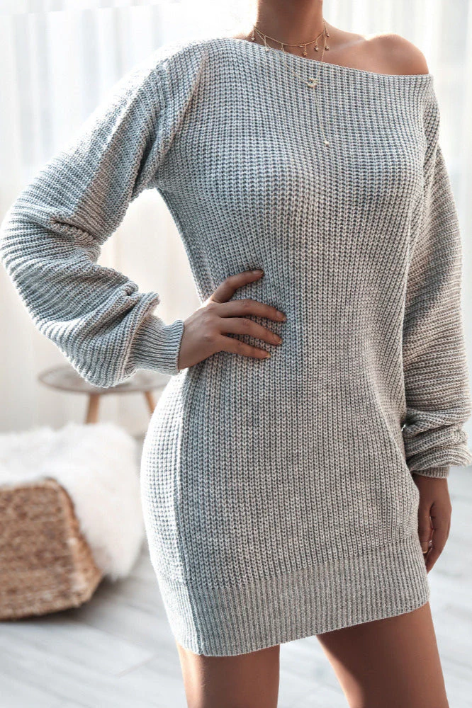 Ribbed Knit Boat Neck Long Sleeve Loose Mini Dress - Image 11
