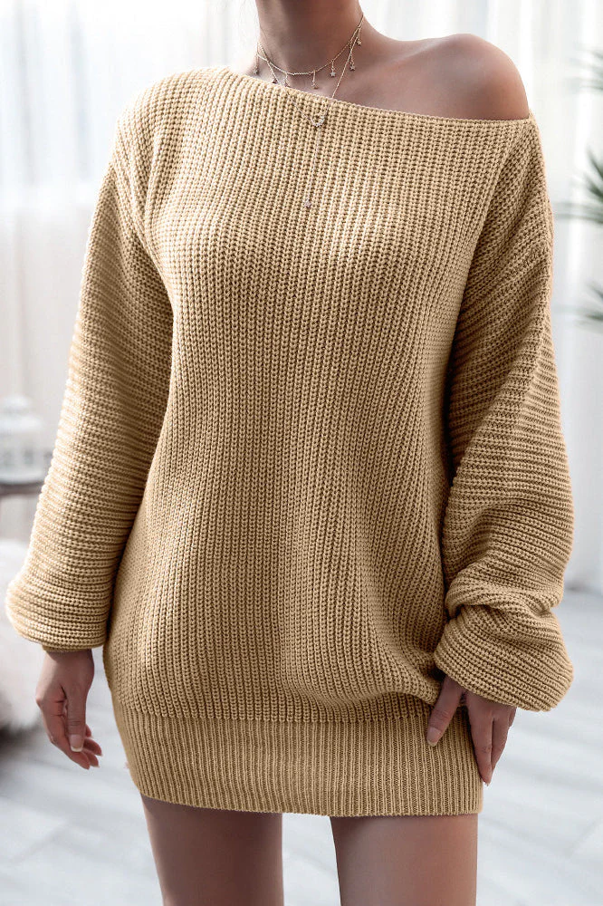 Ribbed Knit Boat Neck Long Sleeve Loose Mini Dress - Image 12