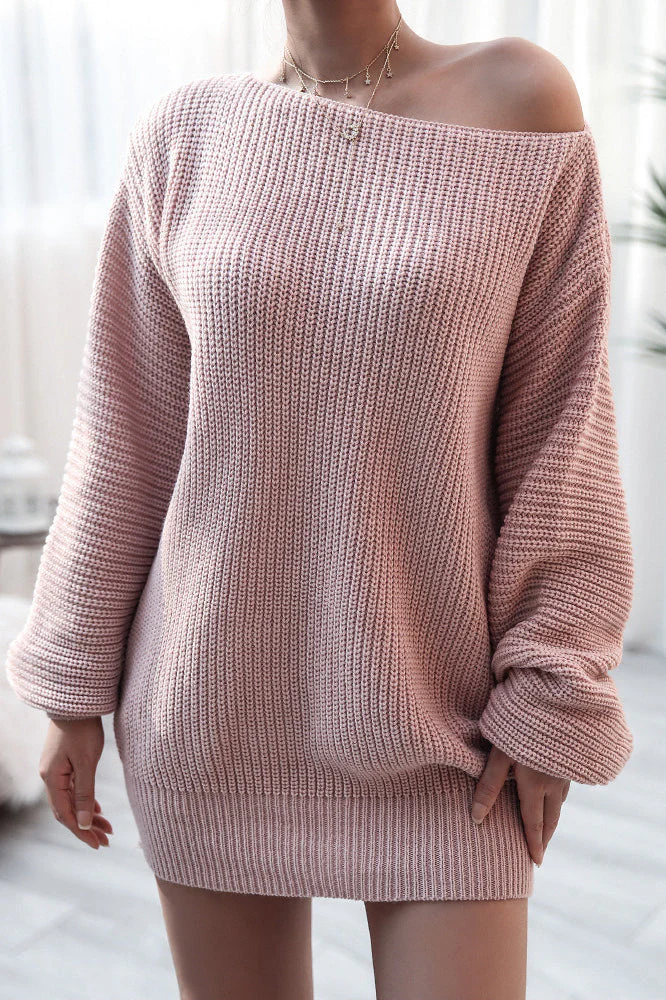 Ribbed Knit Boat Neck Long Sleeve Loose Mini Dress - Image 3
