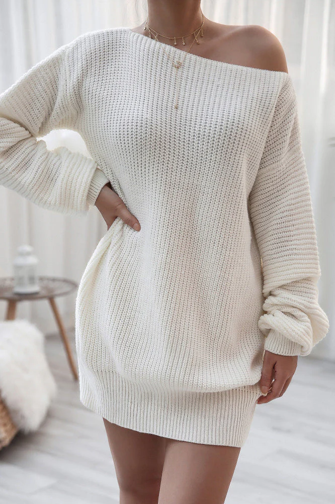 Ribbed Knit Boat Neck Long Sleeve Loose Mini Dress - Image 4