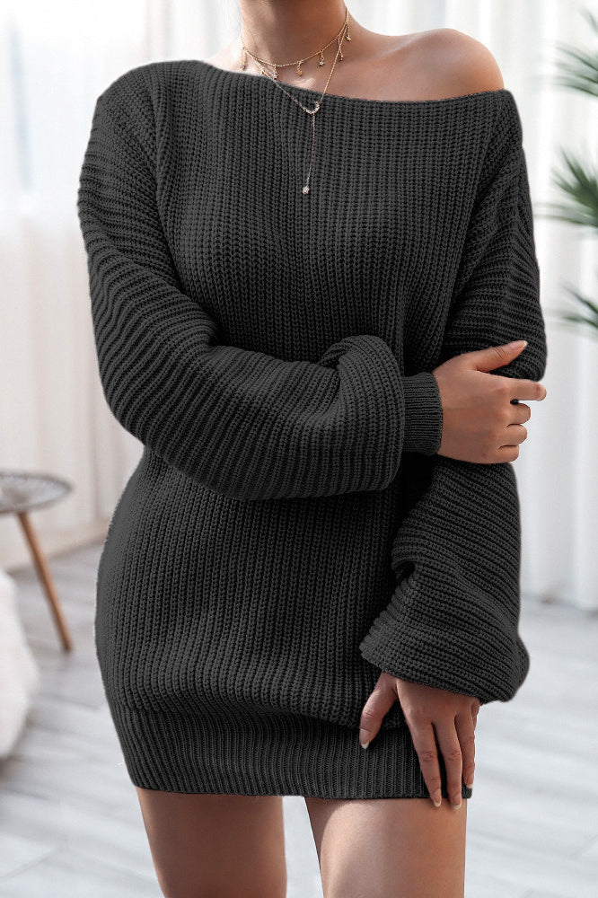 Ribbed Knit Boat Neck Long Sleeve Loose Mini Dress - Image 7