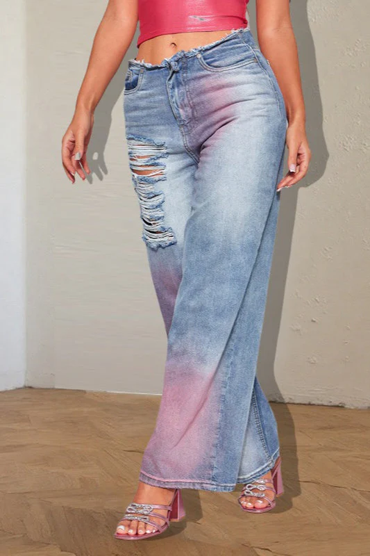 Ripped Color Block Ink Splash Distressed Jeans - Image 2