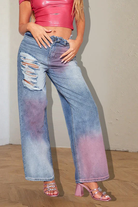 Ripped Color Block Ink Splash Distressed Jeans - Image 3
