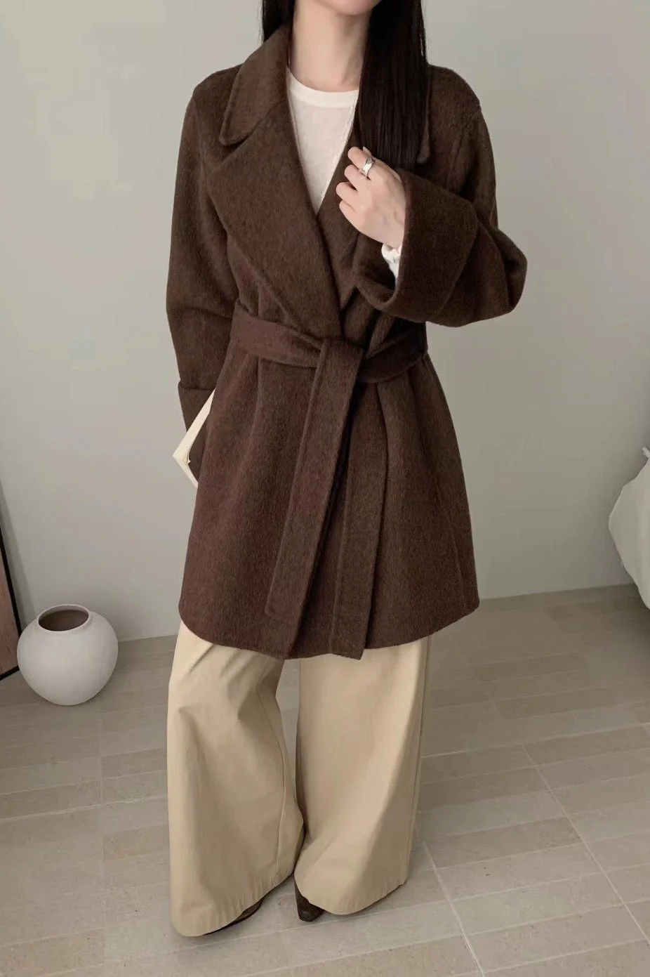 Robe-Style Double-Face Wool Long Hepburn Coat - Image 2