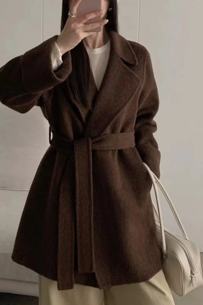 Robe-Style Double-Face Wool Long Hepburn Coat - Image 3