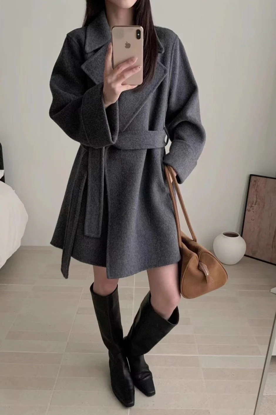 Robe-Style Double-Face Wool Long Hepburn Coat - Image 4