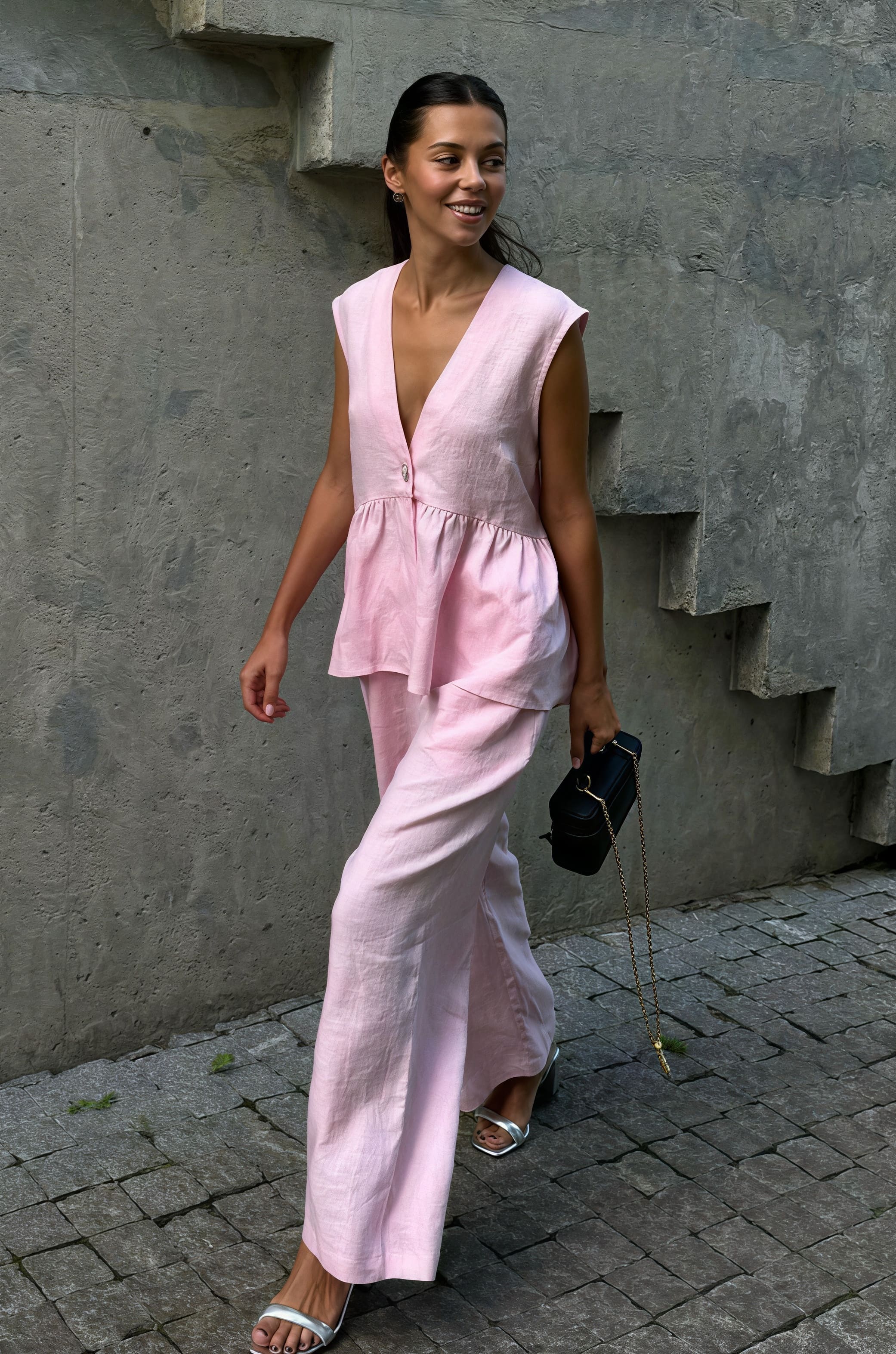 Romantic Cotton V Neck Sleeveless Vest Pants Two Piece Set - Image 3