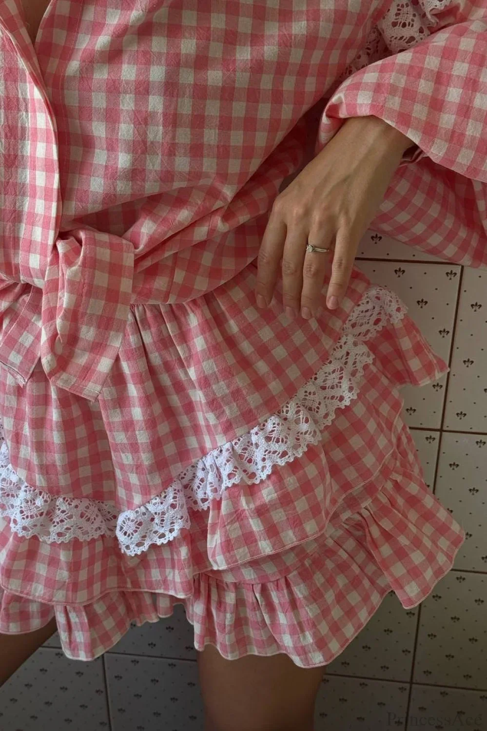 Romantic Lace Trim Plaid Two Piece Set - Image 10