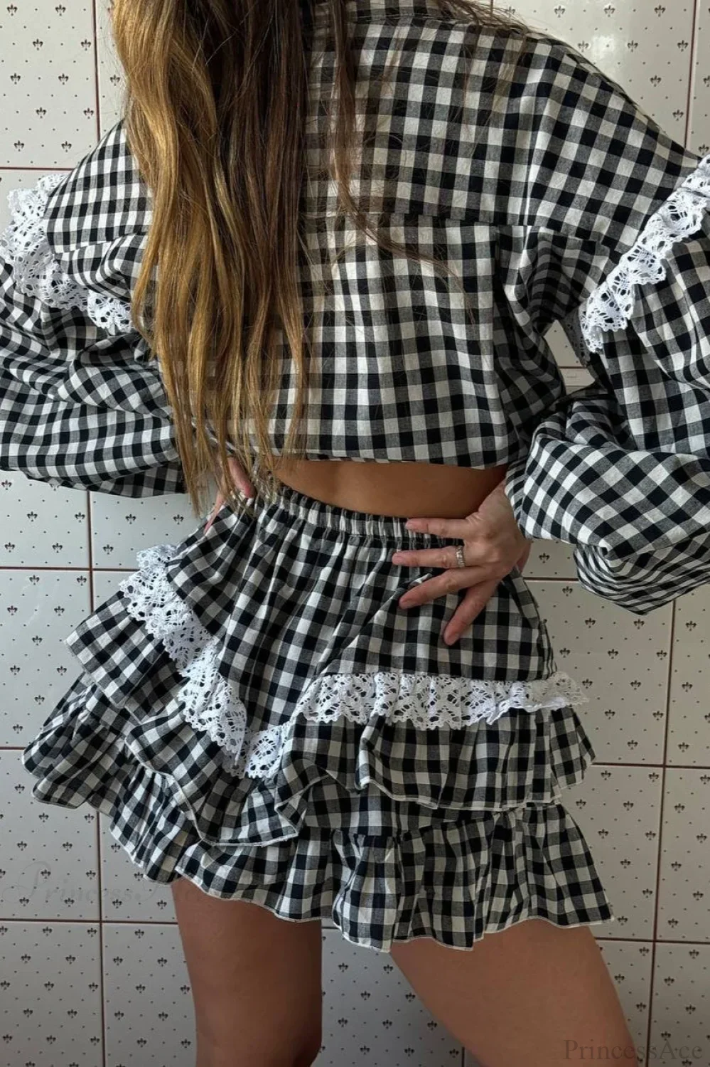 Romantic Lace Trim Plaid Two Piece Set - Image 2