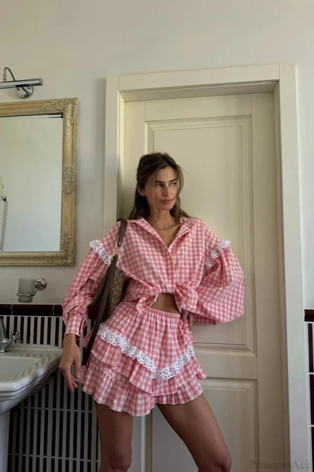 Romantic Lace Trim Plaid Two Piece Set - Image 9