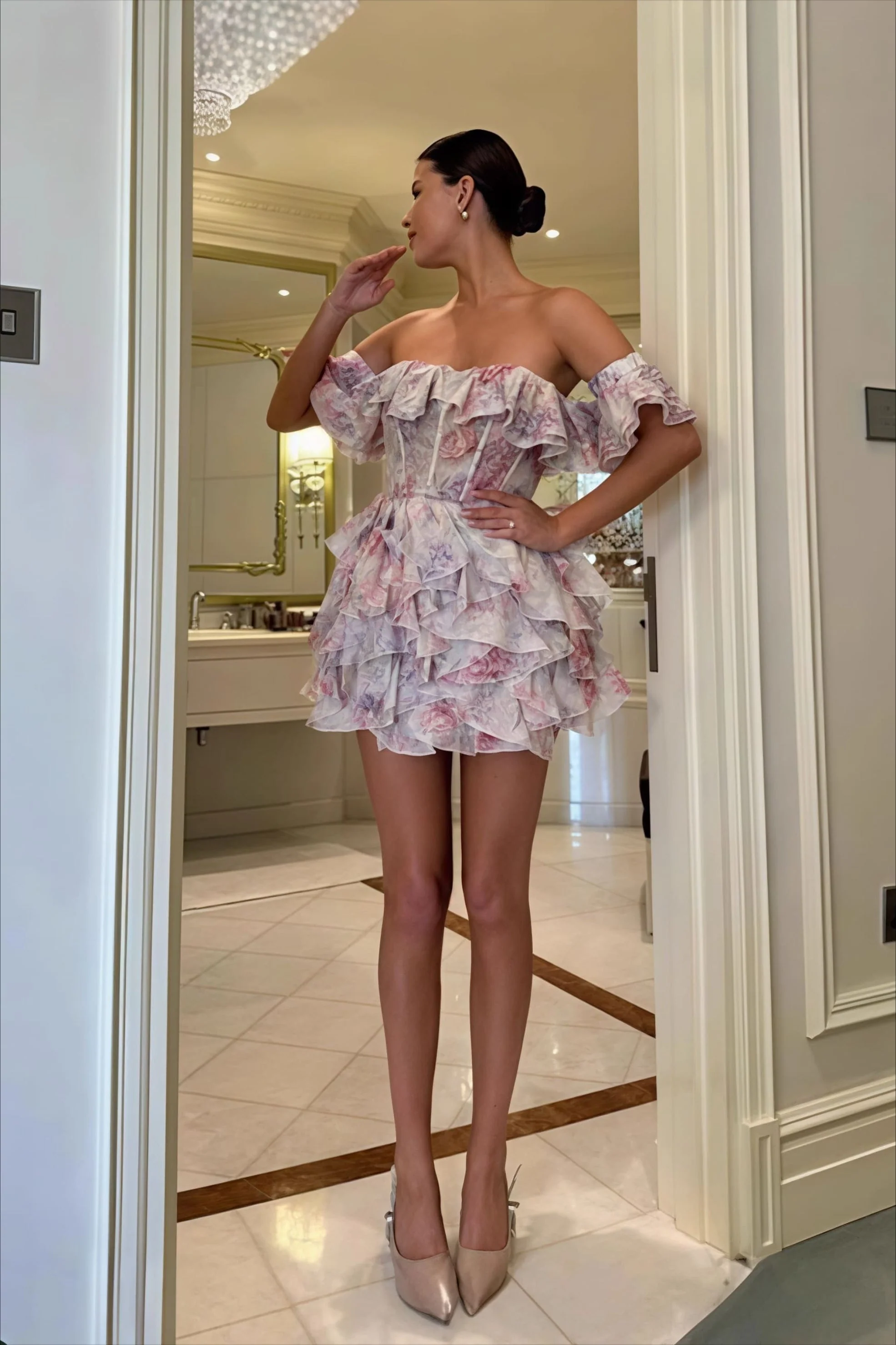 Romantic Organza Floral Print Strapless Mini Dress - Image 4