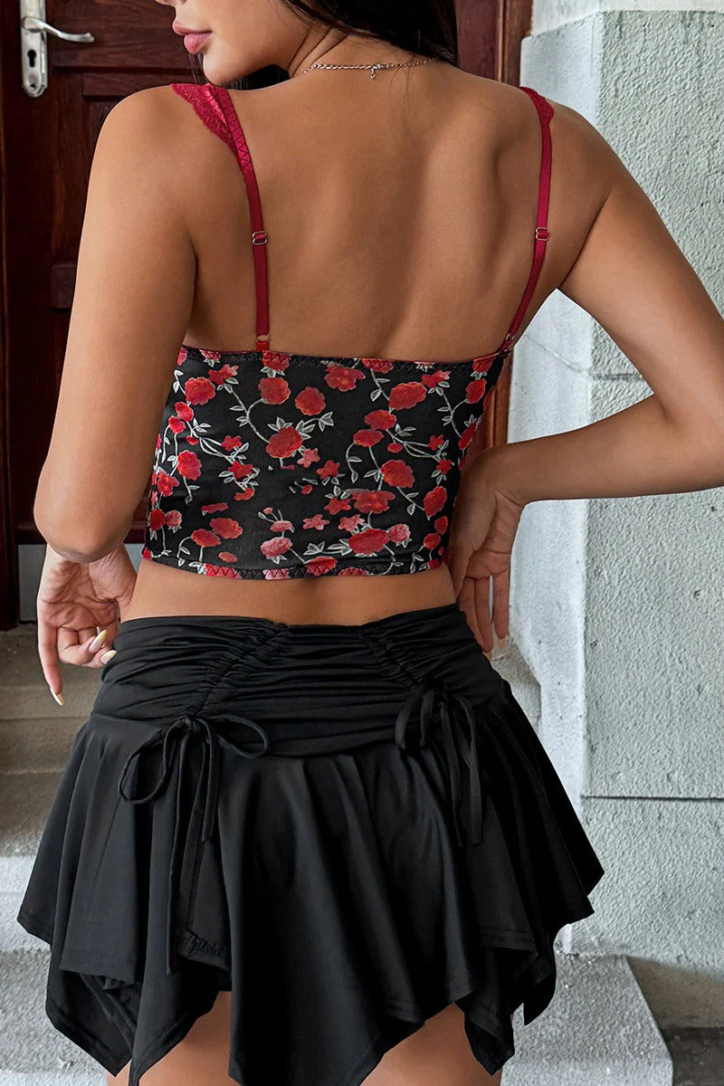 Rose Print Lace Bustier Tie Slim Cami Top - Image 5