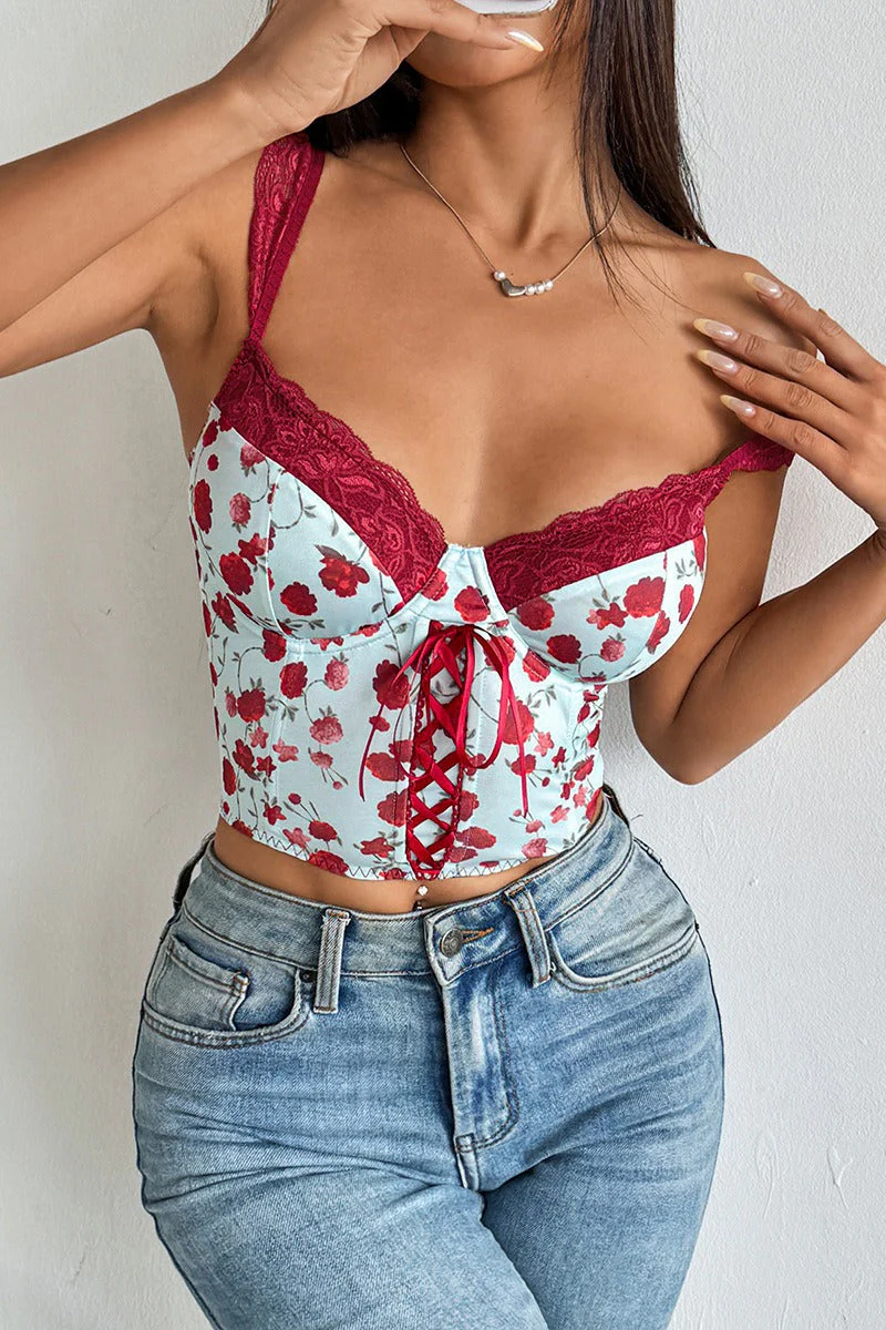 Rose Print Lace Bustier Tie Slim Cami Top - Image 6