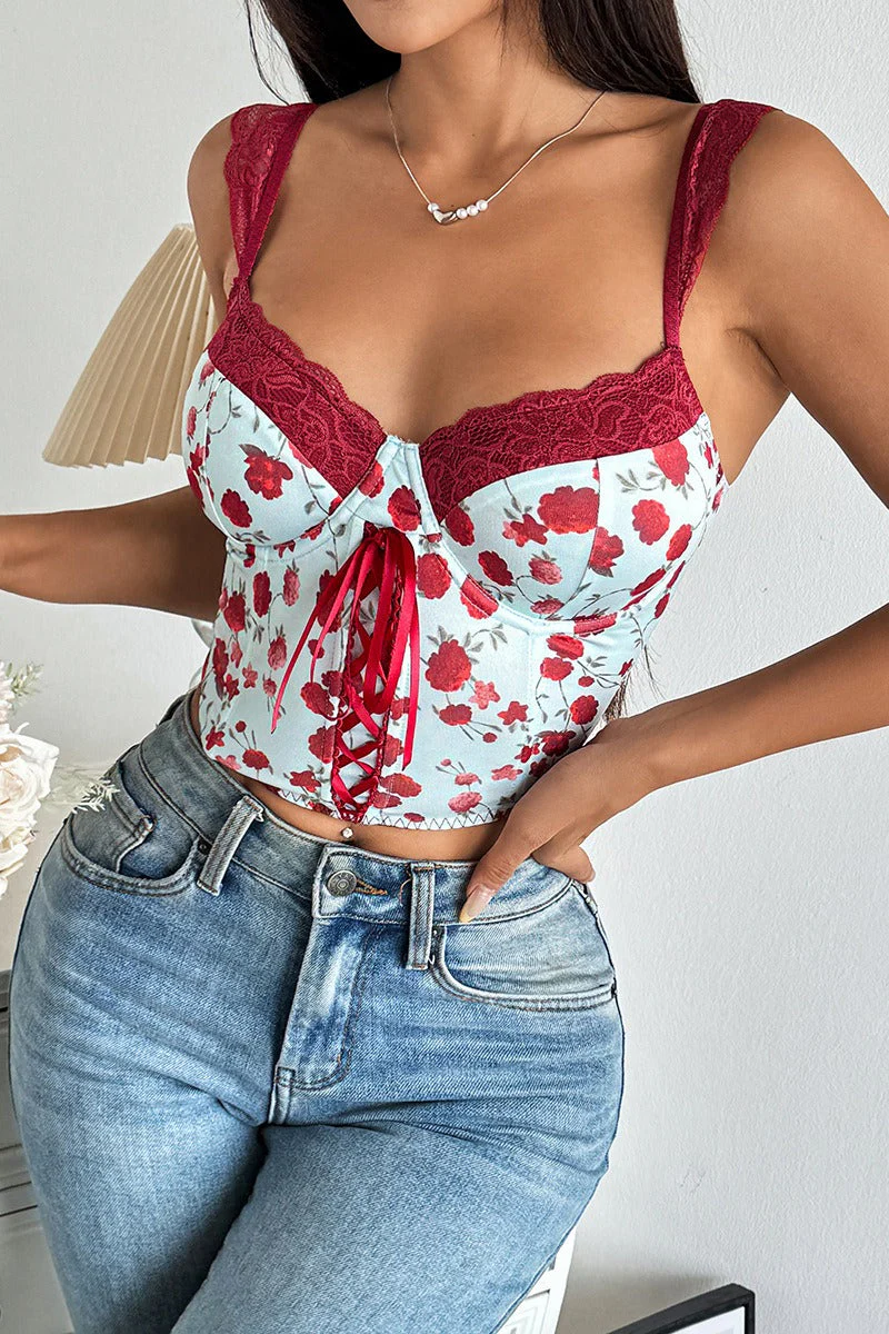 Rose Print Lace Bustier Tie Slim Cami Top - Image 7