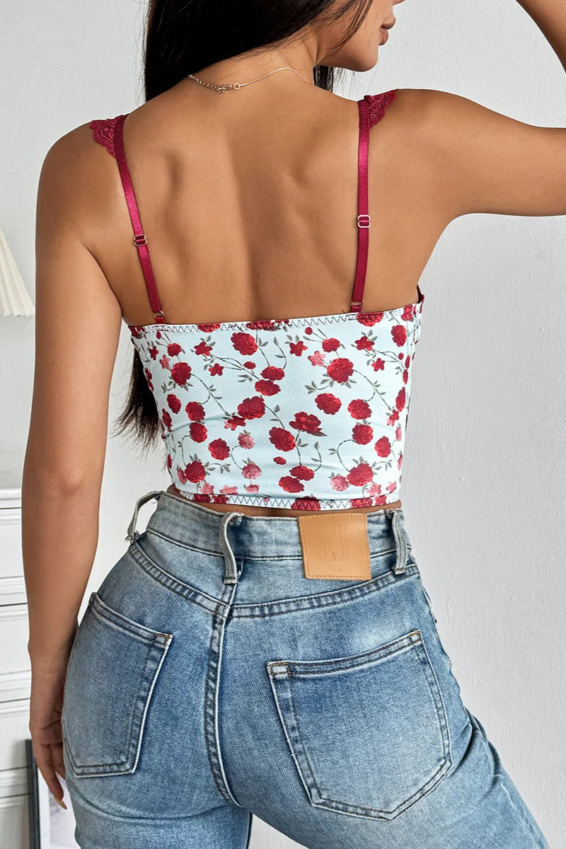 Rose Print Lace Bustier Tie Slim Cami Top - Image 8