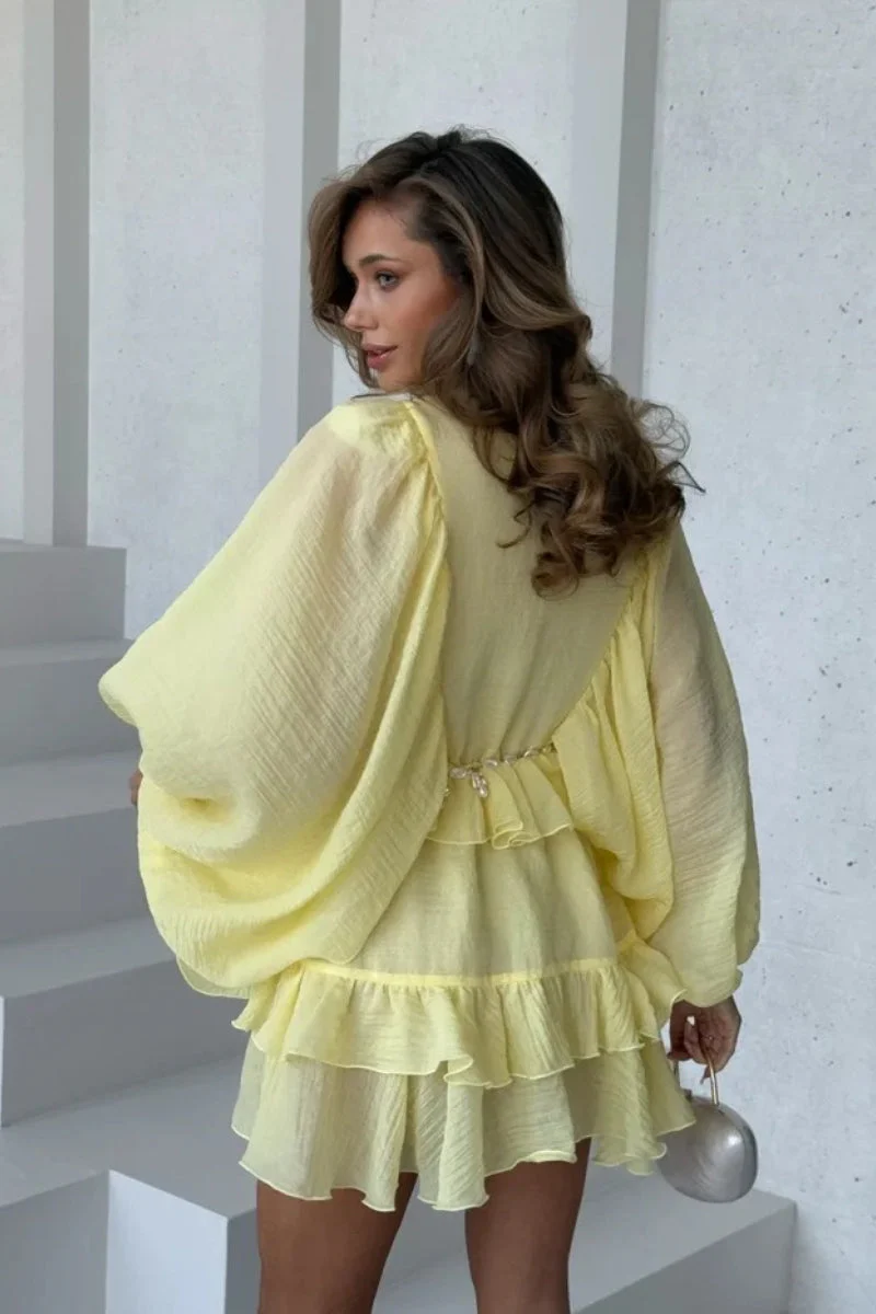 Round Neck Button Ruffle Bell Sleeve Mini Dress - Image 3