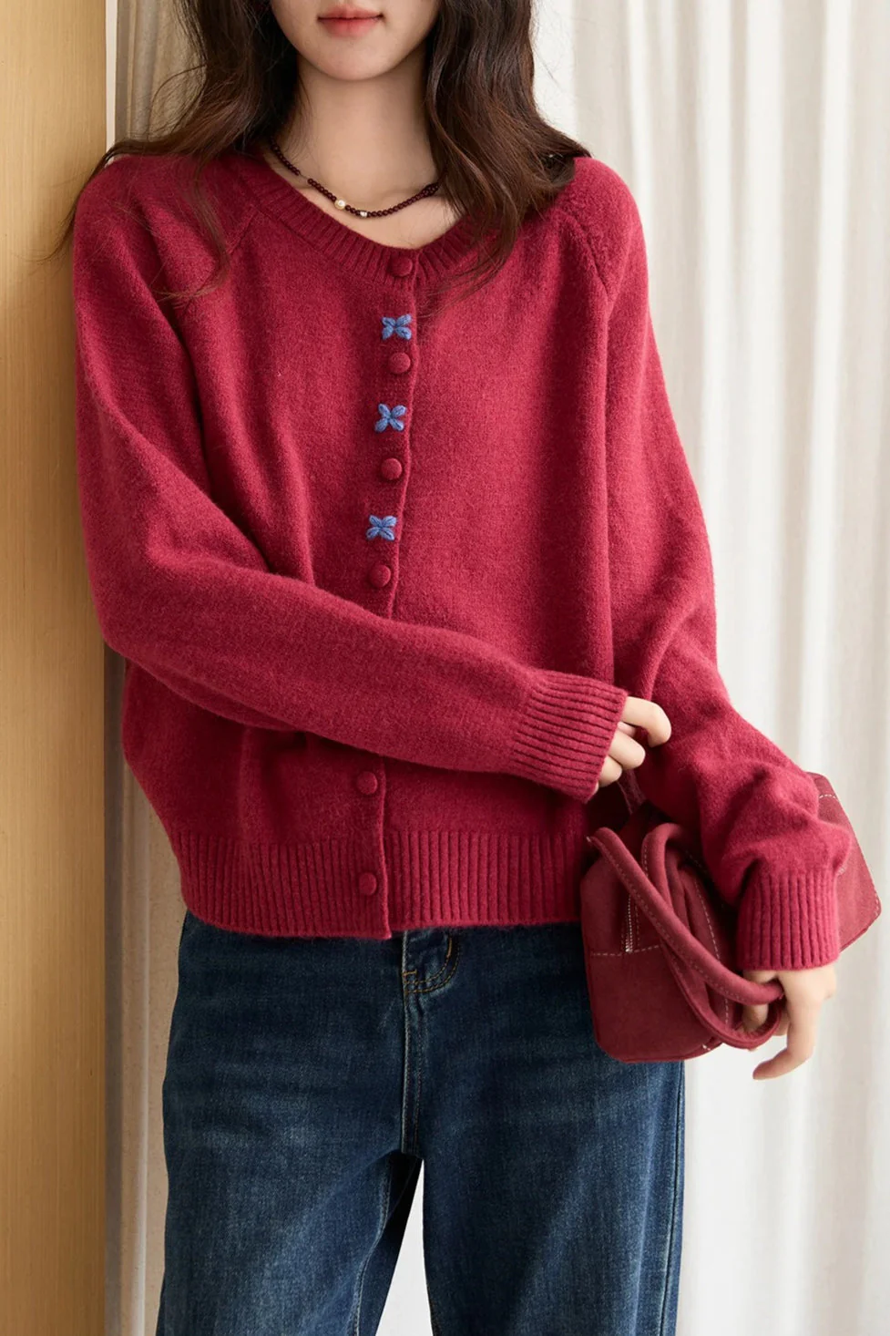 Round Neck Embroidered Buckle Cardigan - Image 2