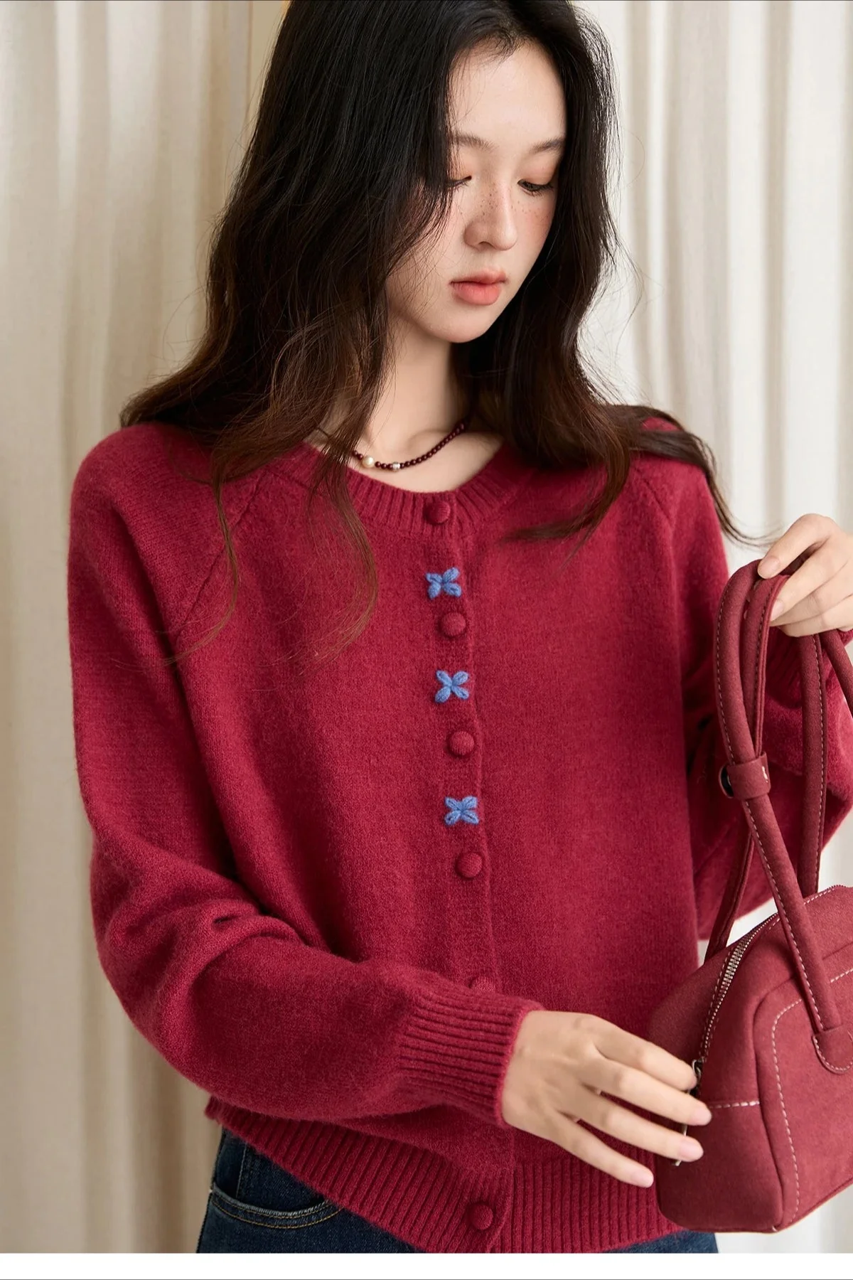 Round Neck Embroidered Buckle Cardigan - Image 3