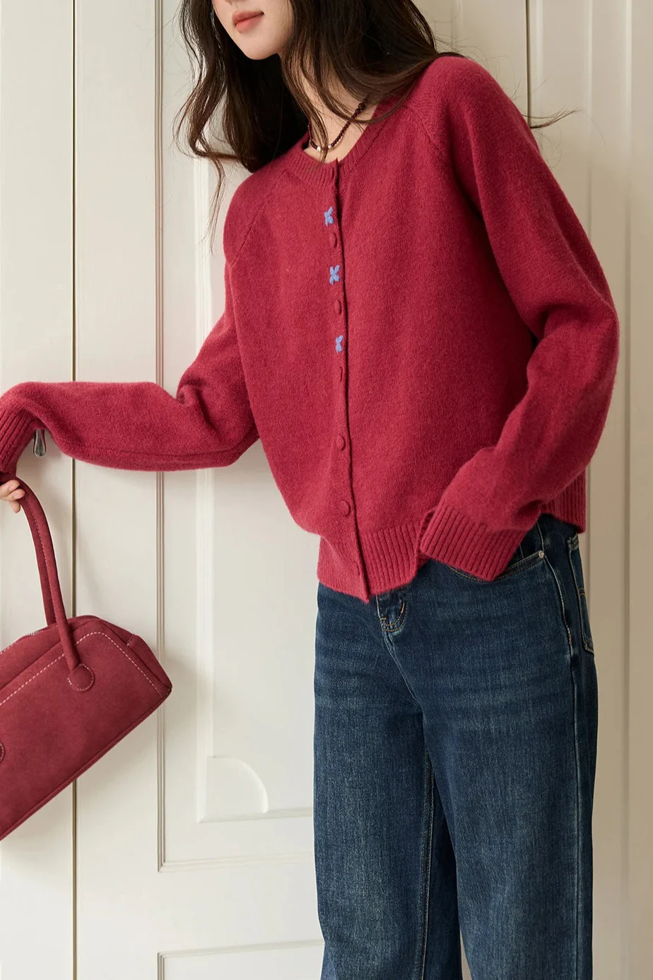 Round Neck Embroidered Buckle Cardigan - Image 4