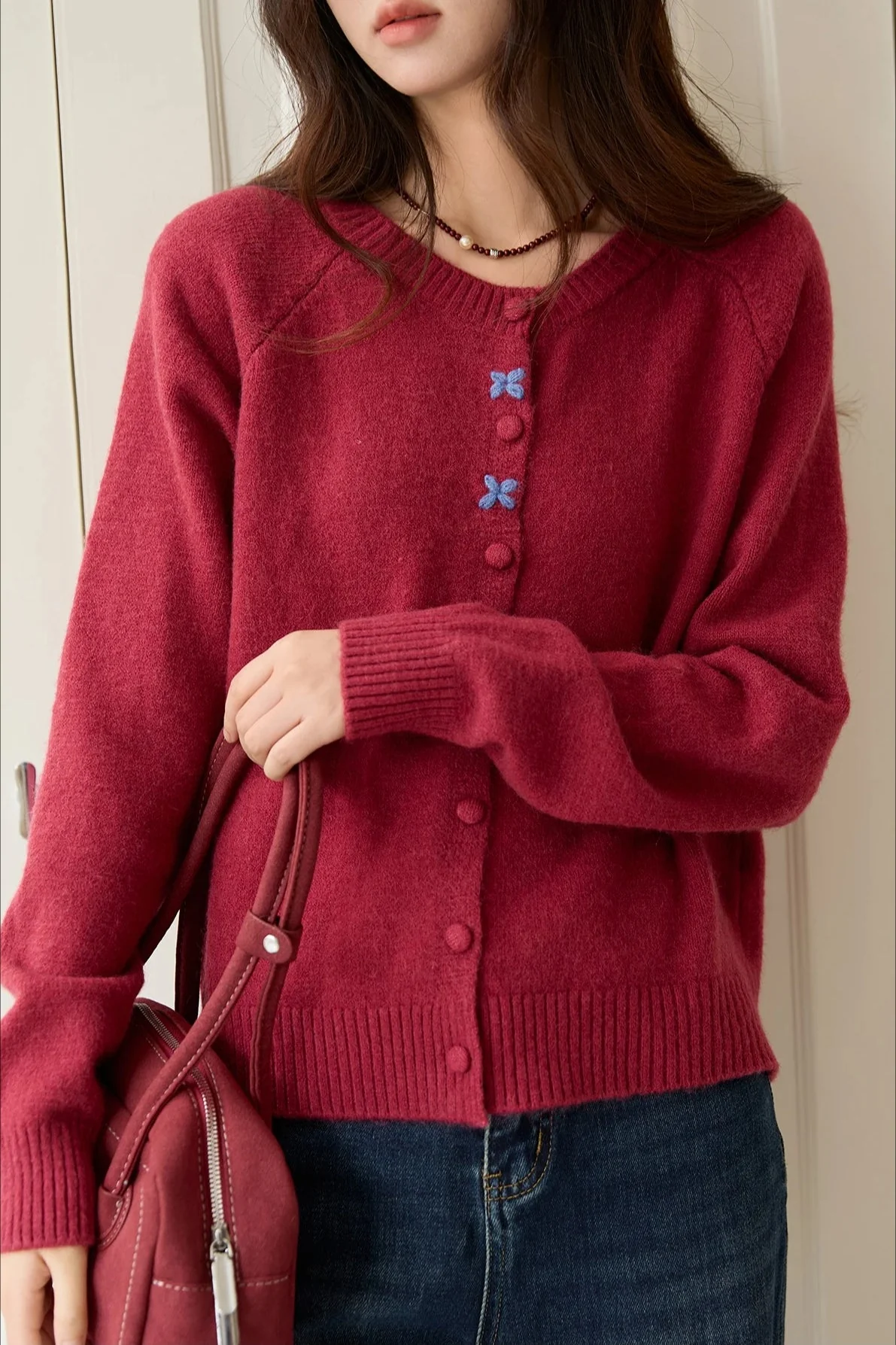 Round Neck Embroidered Buckle Cardigan - Image 5