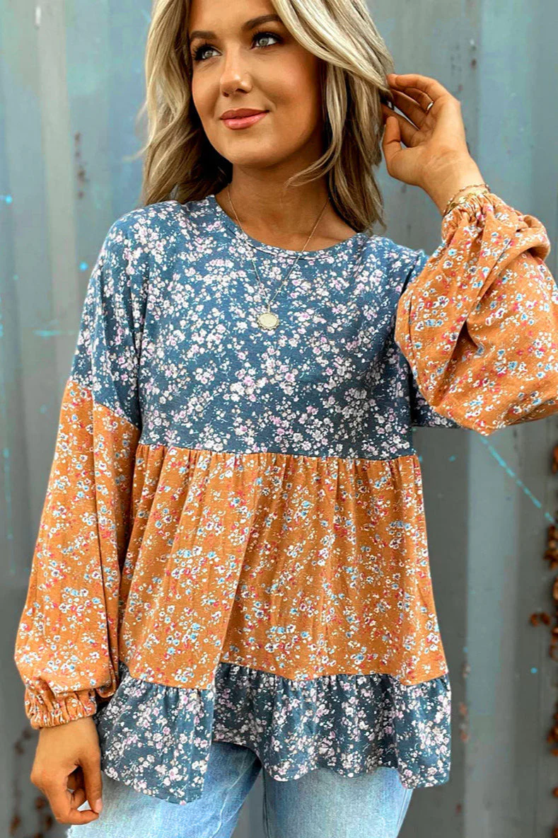 Round Neck Long Sleeve Floral Chiffon Blouse - Image 2