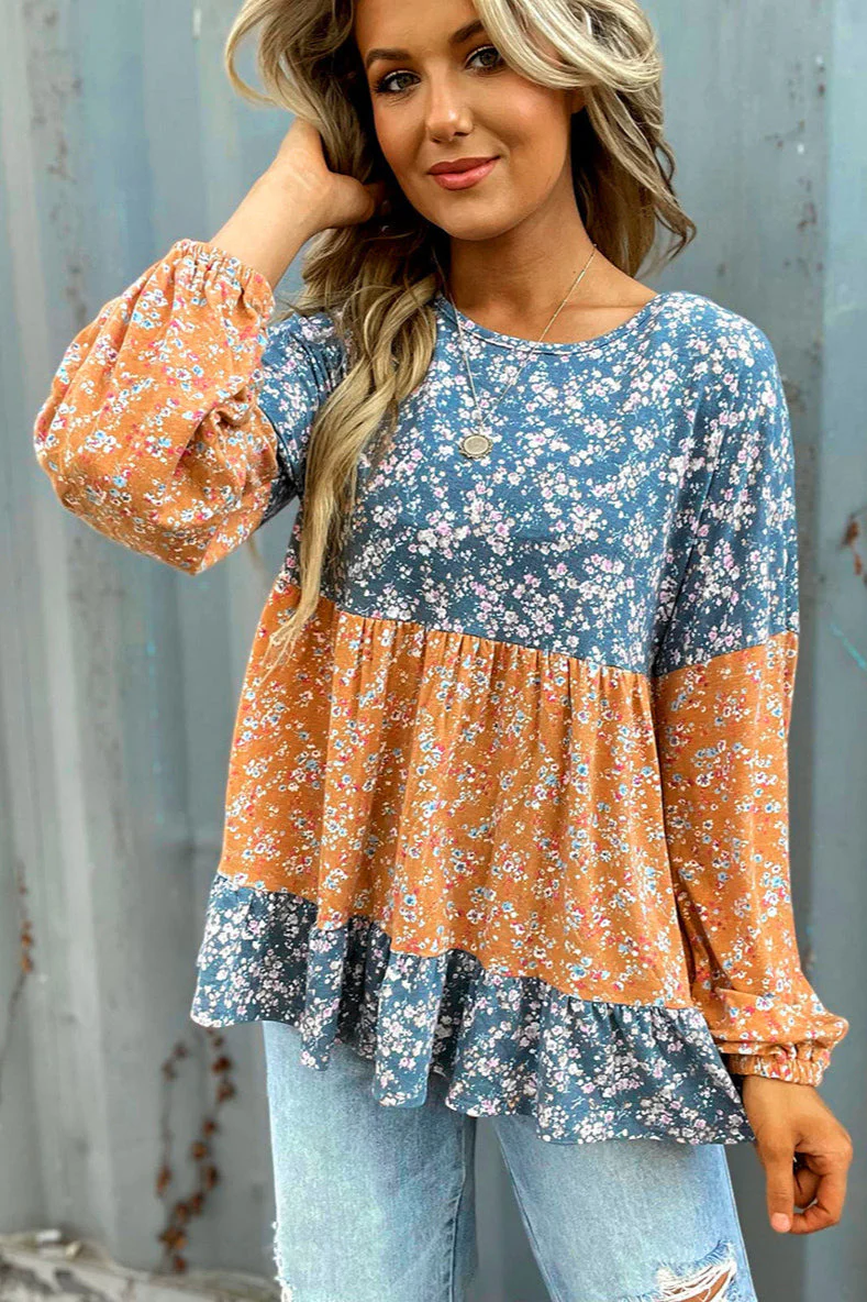 Round Neck Long Sleeve Floral Chiffon Blouse - Image 3