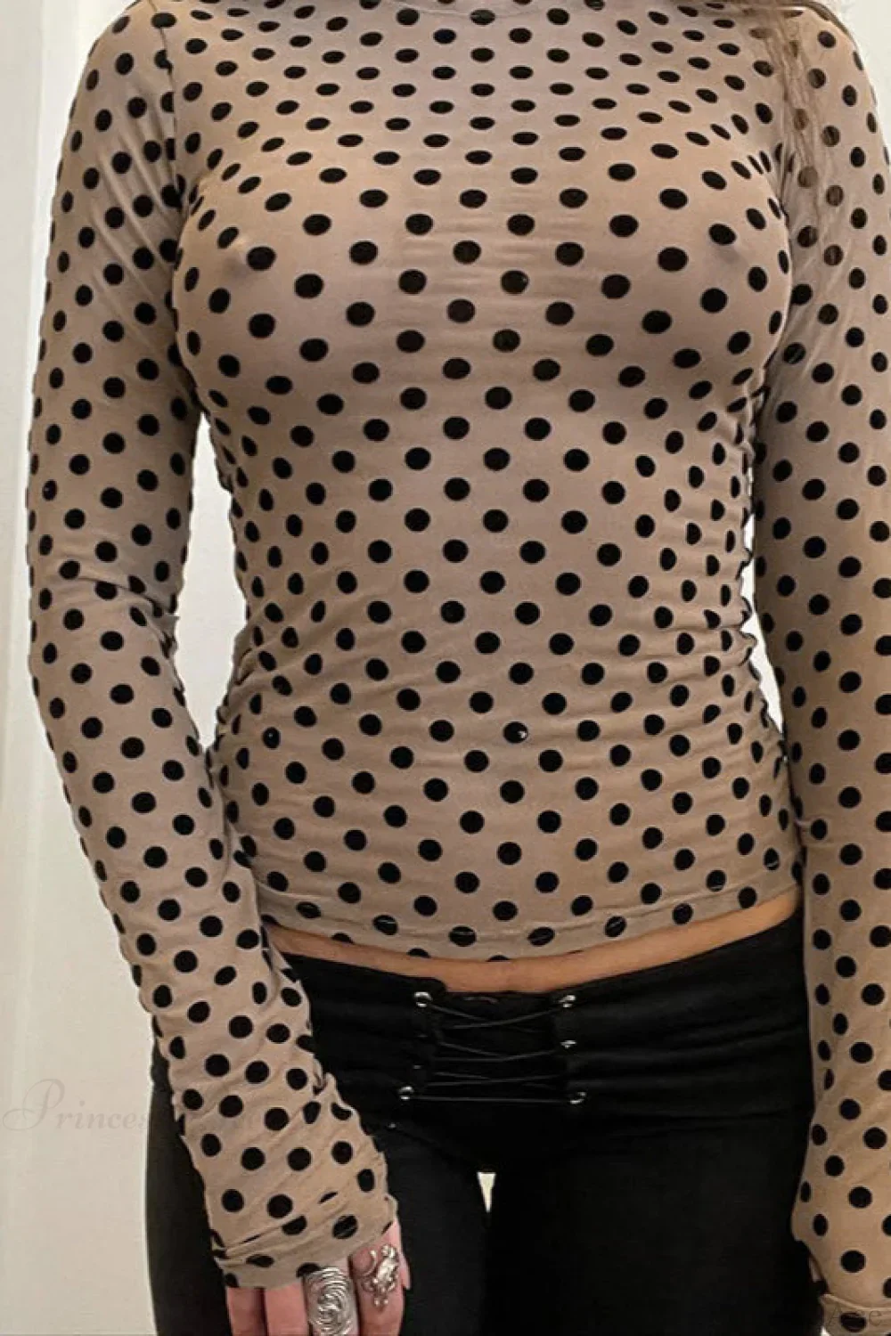 Round Neck Polka Dot Print Fitted Long Sleeve Tee - Image 3