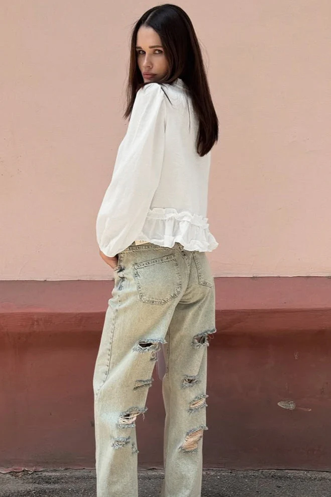 Round Neck Ruffled Ruched Loose Blouse - Image 3