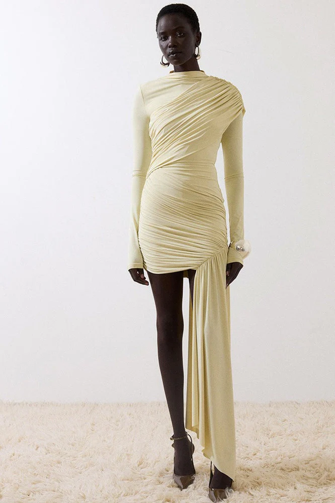 Ruched Asymmetric Ribbon Slim Mini Dress - Image 5