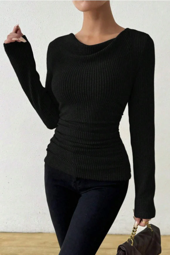Ruched Cowl Neck Slim Knit Long Sleeve Tee - Image 10