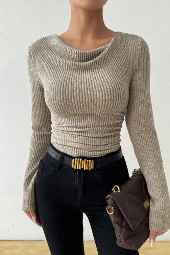 Ruched Cowl Neck Slim Knit Long Sleeve Tee - Image 3