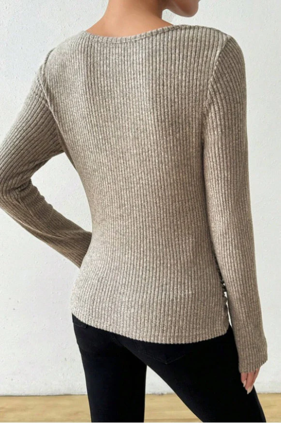 Ruched Cowl Neck Slim Knit Long Sleeve Tee - Image 5