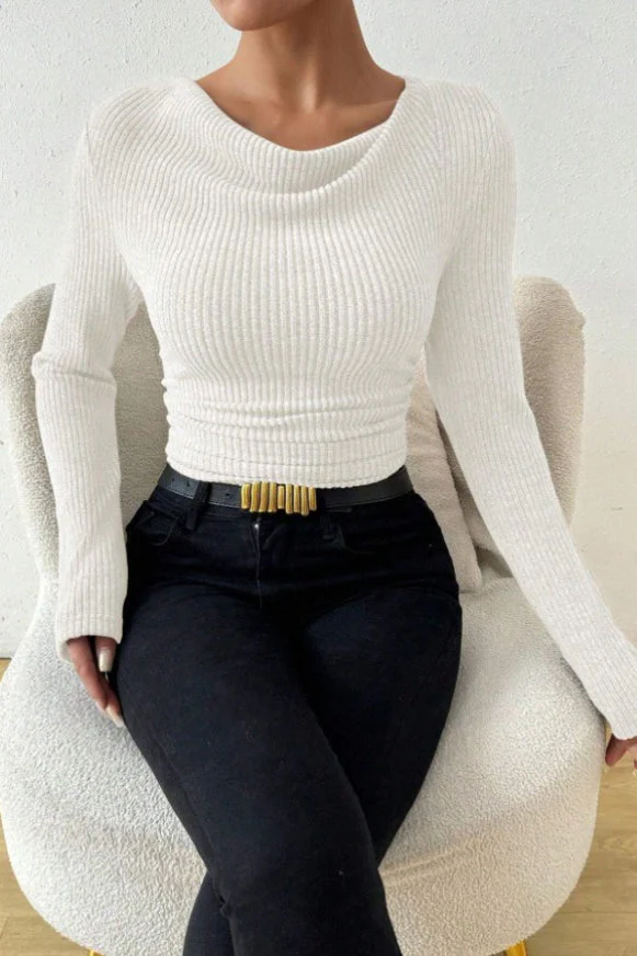 Ruched Cowl Neck Slim Knit Long Sleeve Tee - Image 6