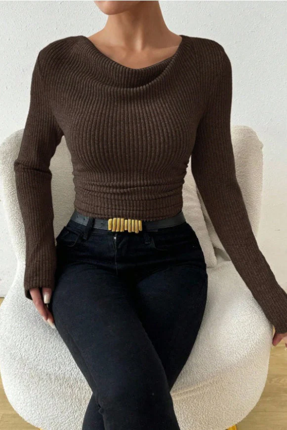 Ruched Cowl Neck Slim Knit Long Sleeve Tee - Image 9
