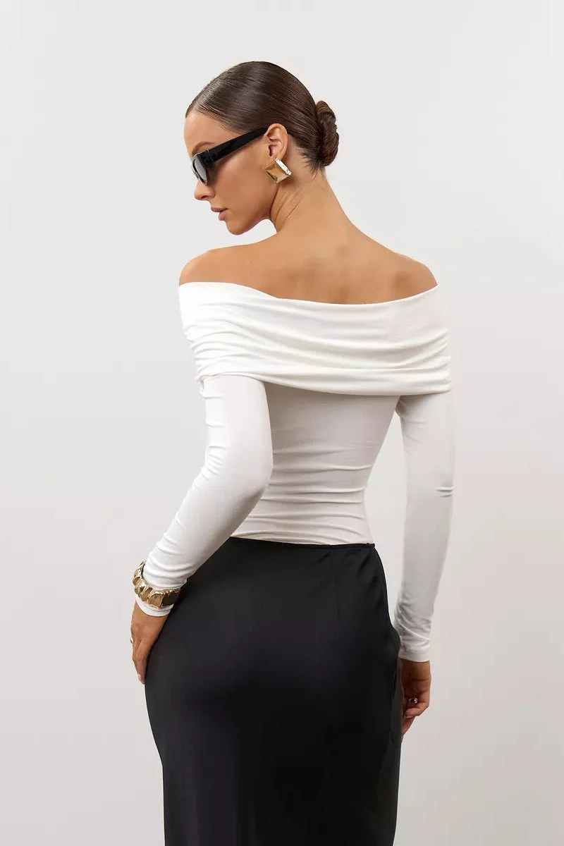Ruched Cross Slim Bare-Shoulder Long Sleeve Tee - Image 10