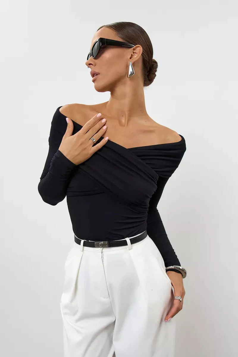 Ruched Cross Slim Bare-Shoulder Long Sleeve Tee - Image 11