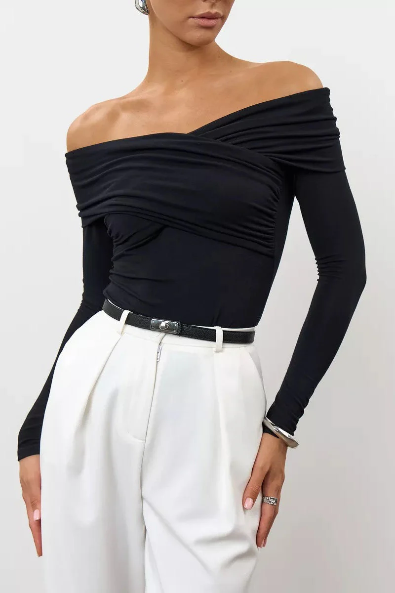 Ruched Cross Slim Bare-Shoulder Long Sleeve Tee - Image 12