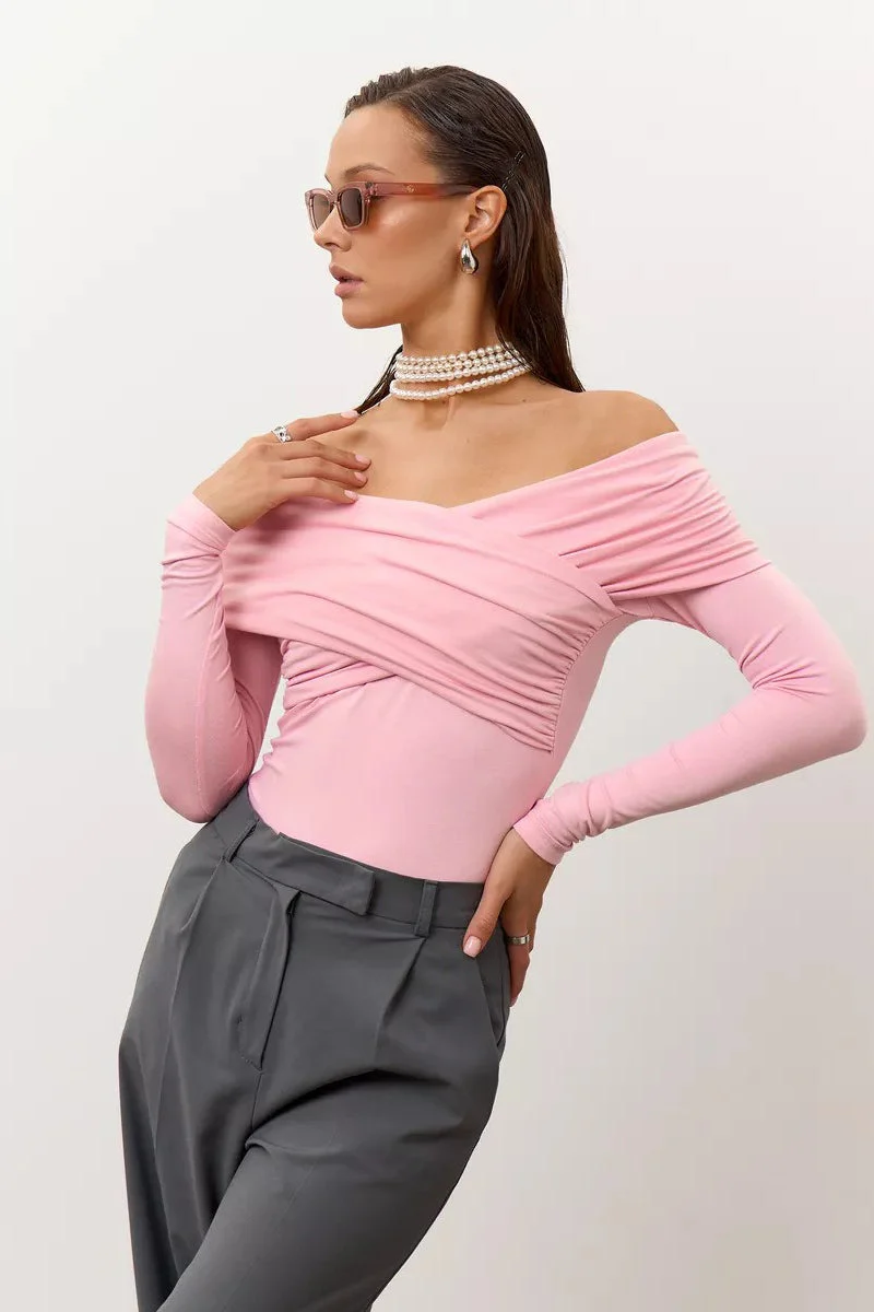 Ruched Cross Slim Bare-Shoulder Long Sleeve Tee - Image 13
