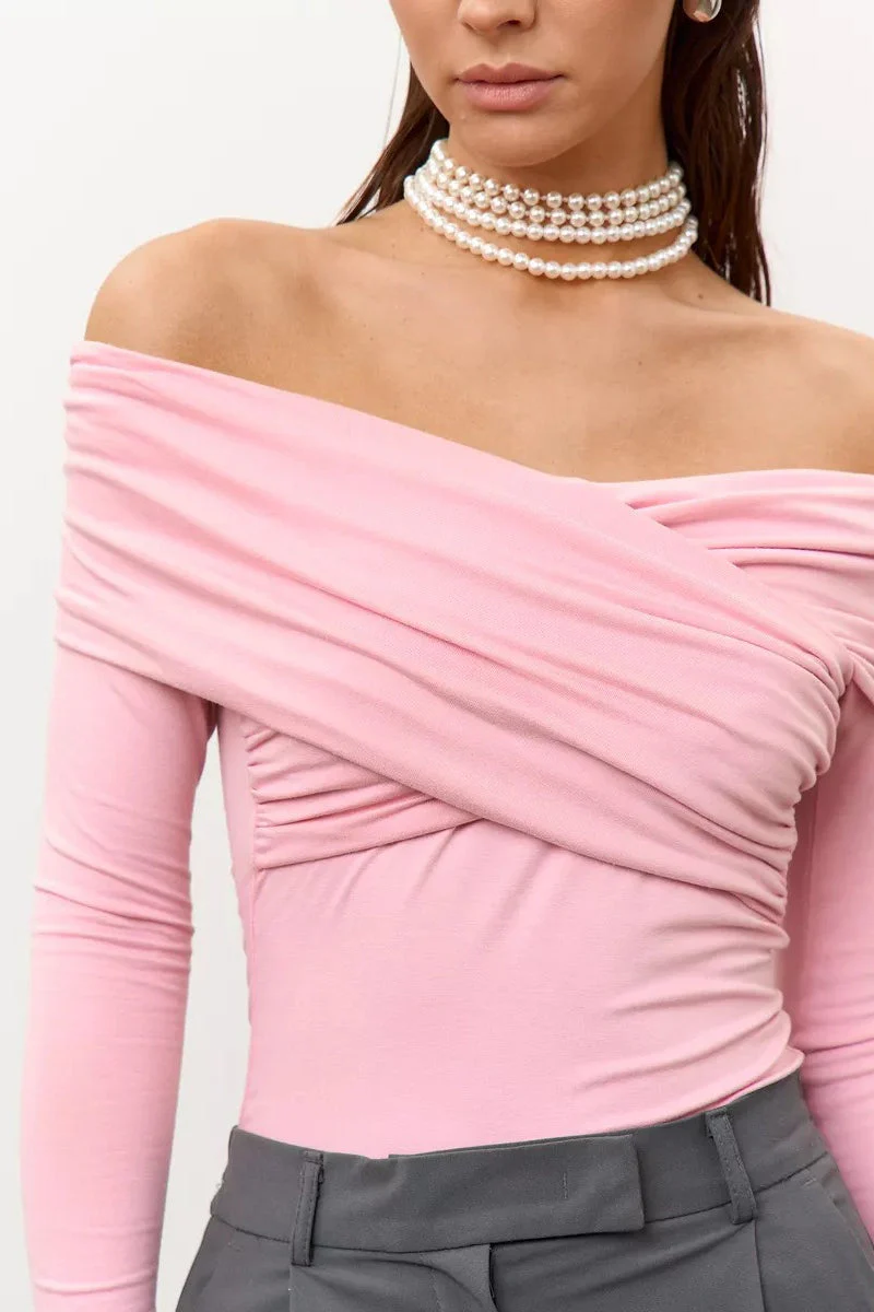 Ruched Cross Slim Bare-Shoulder Long Sleeve Tee - Image 14