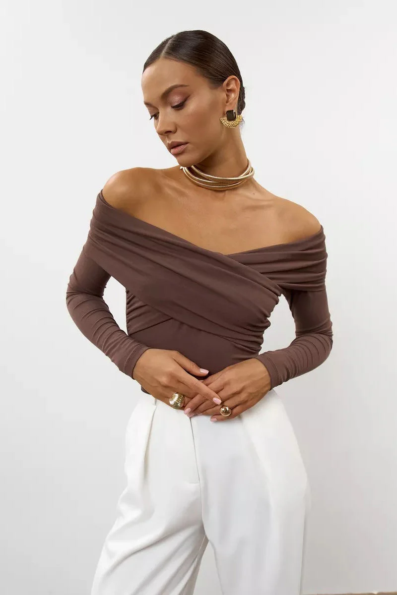 Ruched Cross Slim Bare-Shoulder Long Sleeve Tee - Image 16